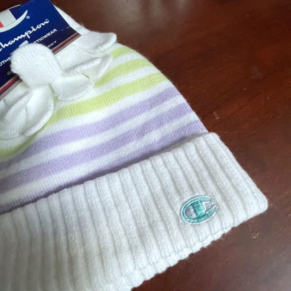 Champion Kids OS White Pastel Stripe Beanie Gloves 2pc Set NWT Sporty Cute